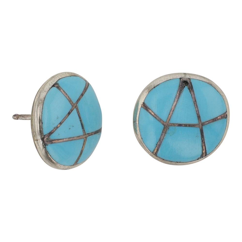 Zuni Turquoise Earrings: Sterling Silver | Genuine Turquoise | Zuni Turquoise Earrings | Zuni Native American Southwest Indian Jewelry | Good (no breaks or damages) | Approximate Weight: 4 Grams | Earrings: .5" x .5" each | S