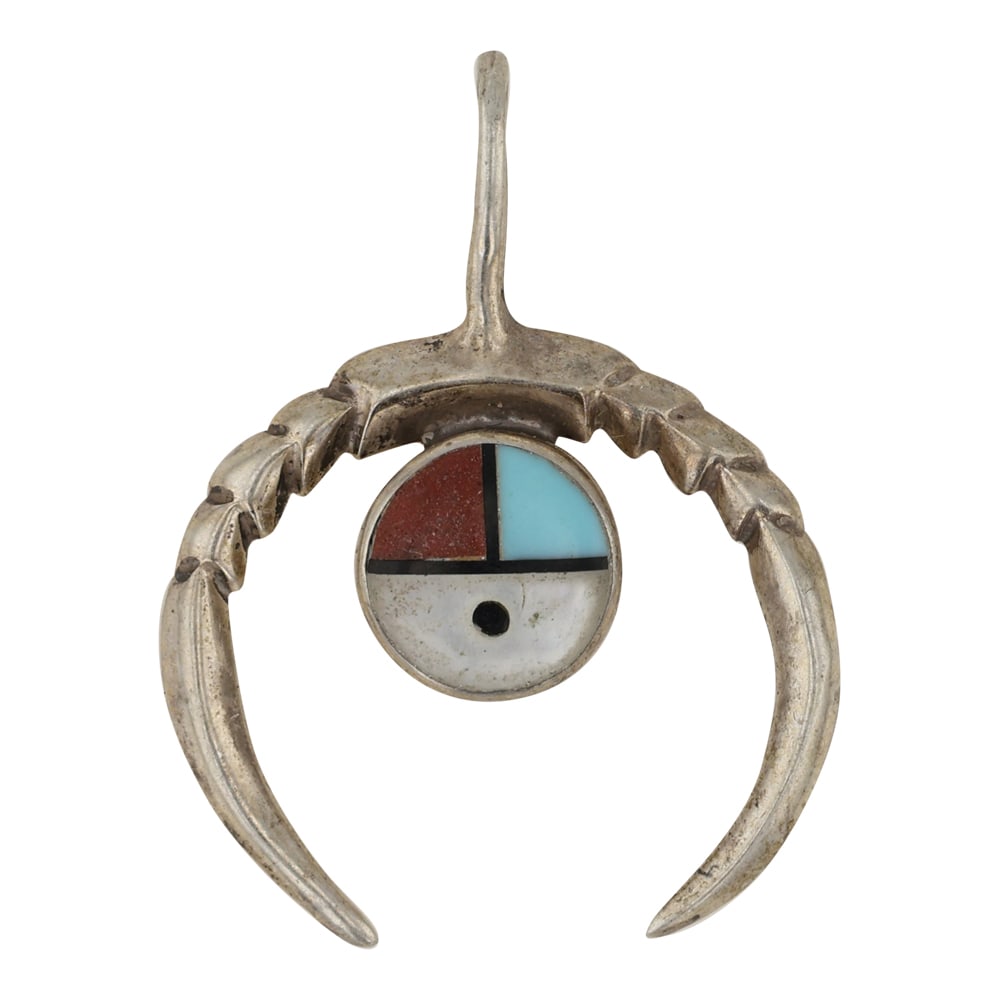Zuni Turquoise Coral & Mother of Pearl Naja Pendant: Sterling Silver | Genuine Turquoise & Coral | Zuni Turquoise Coral & Mother of Pearl Naja Pendant | Zuni Native American Southwest Indian Jewelry | Good (no breaks or damages) | Approximate Weight: 1