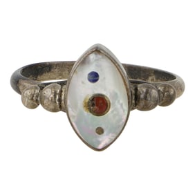 Vintage Zuni Coral Lapis & Mother of Pearl Inlay Ring