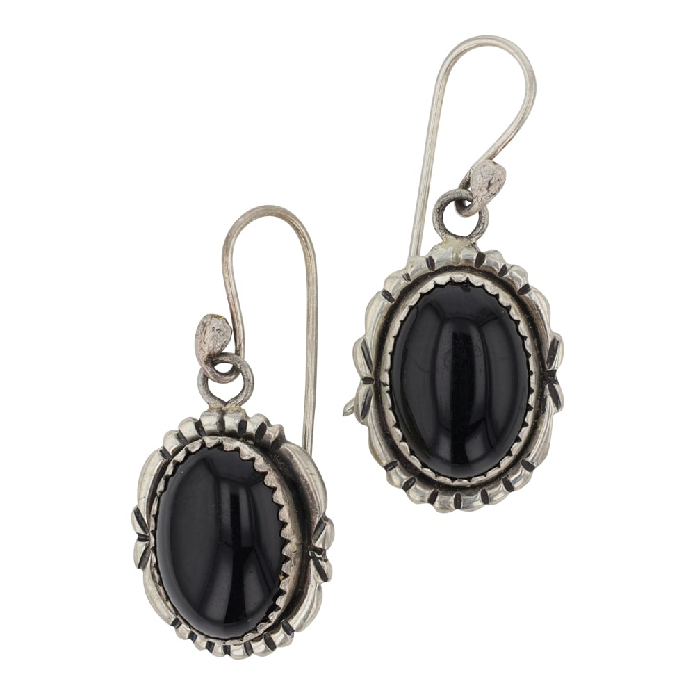 Navajo Black Onyx Earrings: Sterling Silver | Genuine Black Onyx | Navajo Black Onyx Earrings | Navajo Native American Southwest Indian Jewelry | Good (no breaks or damages) | Approximate Weight: 5 Grams | Earrings: .75" x .5" e