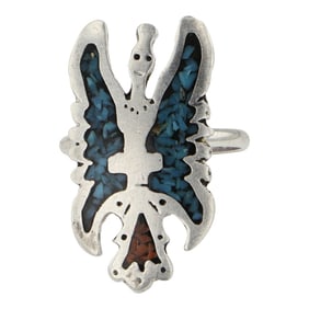 Navajo Turquoise & Coral Chip Inlay Ring
