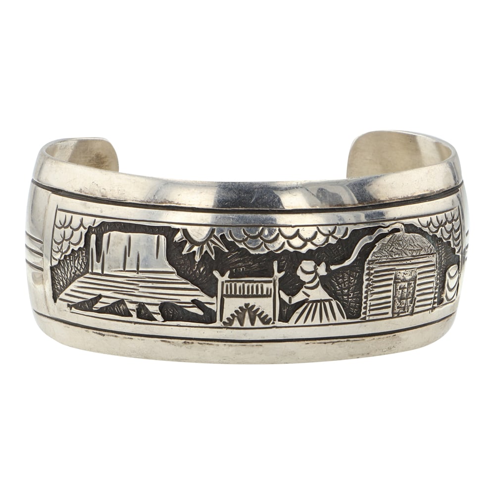 Vintage Navajo Story Teller Cuff Bracelet: Sterling Silver | | Vintage Navajo Story Teller Cuff Bracelet | Navajo Native American Southwest Indian Jewelry | Good (no breaks or damages) | Approximate Weight: 50 Grams | Bracelet: 5.75" inner, 1.