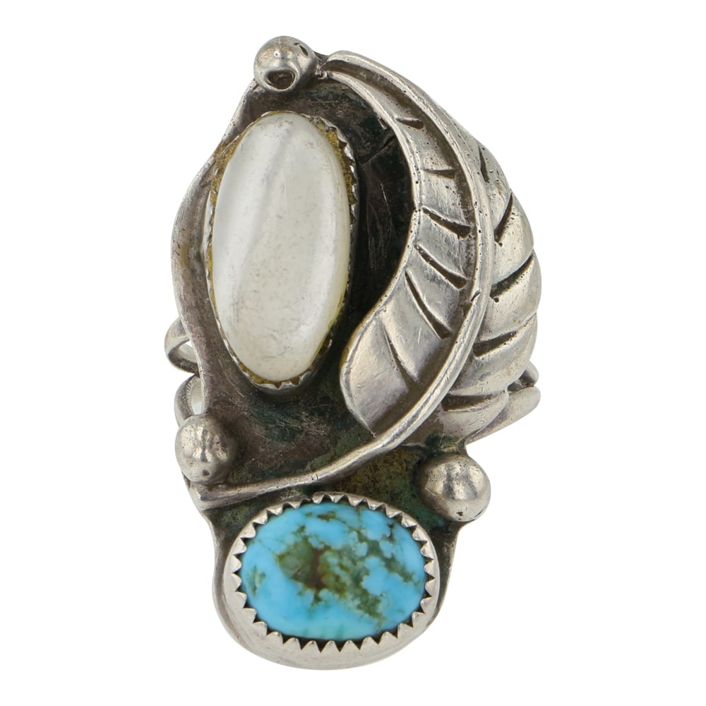 Vintage Navajo Turquoise & Mother of Pearl Ring: Sterling Silver | Genuine Turquoise & Mother of Pearl | Vintage Navajo Turquoise & Mother of Pearl Ring | Navajo Native American Southwest Indian Jewelry | Good (no breaks or damages) | Approximate We