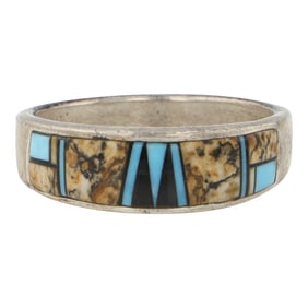 Navajo Turquoise Acoma Jet & Picture Jasper Inlay Ring