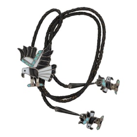 Vintage Zuni Turquoise Acoma Jet & Mother of Pearl Inlay Eagle bolo Tie