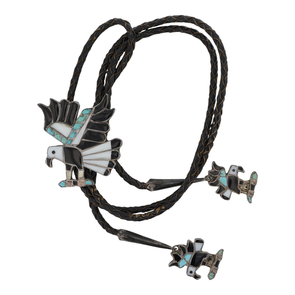 Vintage Zuni Turquoise Acoma Jet & Mother of Pearl Inlay Eagle bolo Tie (1 of 3)