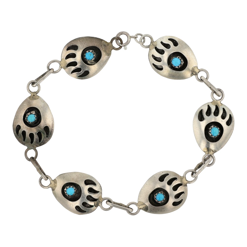 Navajo Kingman Turquoise Bear Paw Link Bracelet: Sterling Silver | Genuine Kingman Turquoise | Navajo Kingman Turquoise Bear Paw Link Bracelet | Navajo Native American Southwest Indian Jewelry | Good (no breaks or damages) | Approximate Weight: 6 Gr