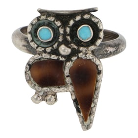 Vintage Zuni Turquoise & Shell Inlay Owl Ring