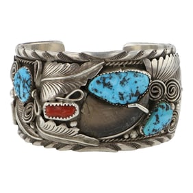 Michael Thomas Navajo Turquoise & Coral Bear Claw Cuff Bracelet