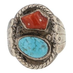 Vintage Navajo Turquoise & Coral Ring