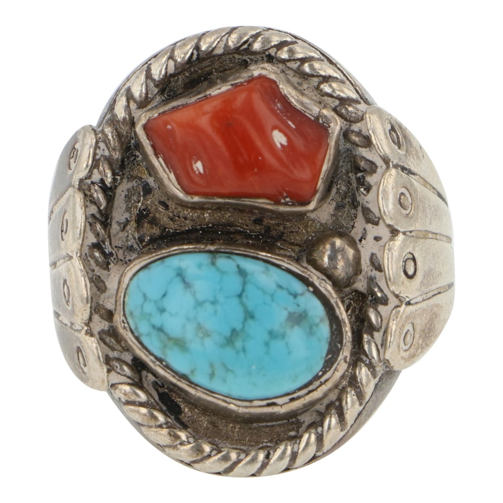 Vintage Navajo Turquoise & Coral Ring: Sterling Silver | Genuine Turquoise & Coral | Vintage Navajo Turquoise & Coral Ring | Navajo Native American Southwest Indian Jewelry | Good (no breaks or damages) | Approximate Weight: 17 Grams | Rin