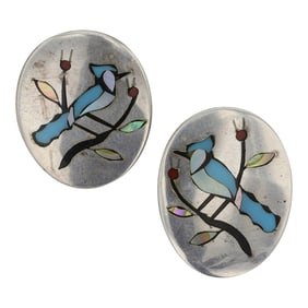 Zuni Turquoise Coral Mother of Pearl & Shell Inlay Bird Earrings