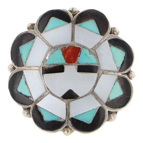 Zuni Turquoise Coral Mother of Pearl & Shell Inlay Ring