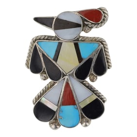 Zuni Turquoise Coral Mother of Pearl Acoma Jet & Shell Inlay Thunderbird Pin/ Pendant