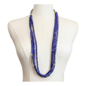 Navajo lapis & Oxidized Beads Three Strand Long Necklace
