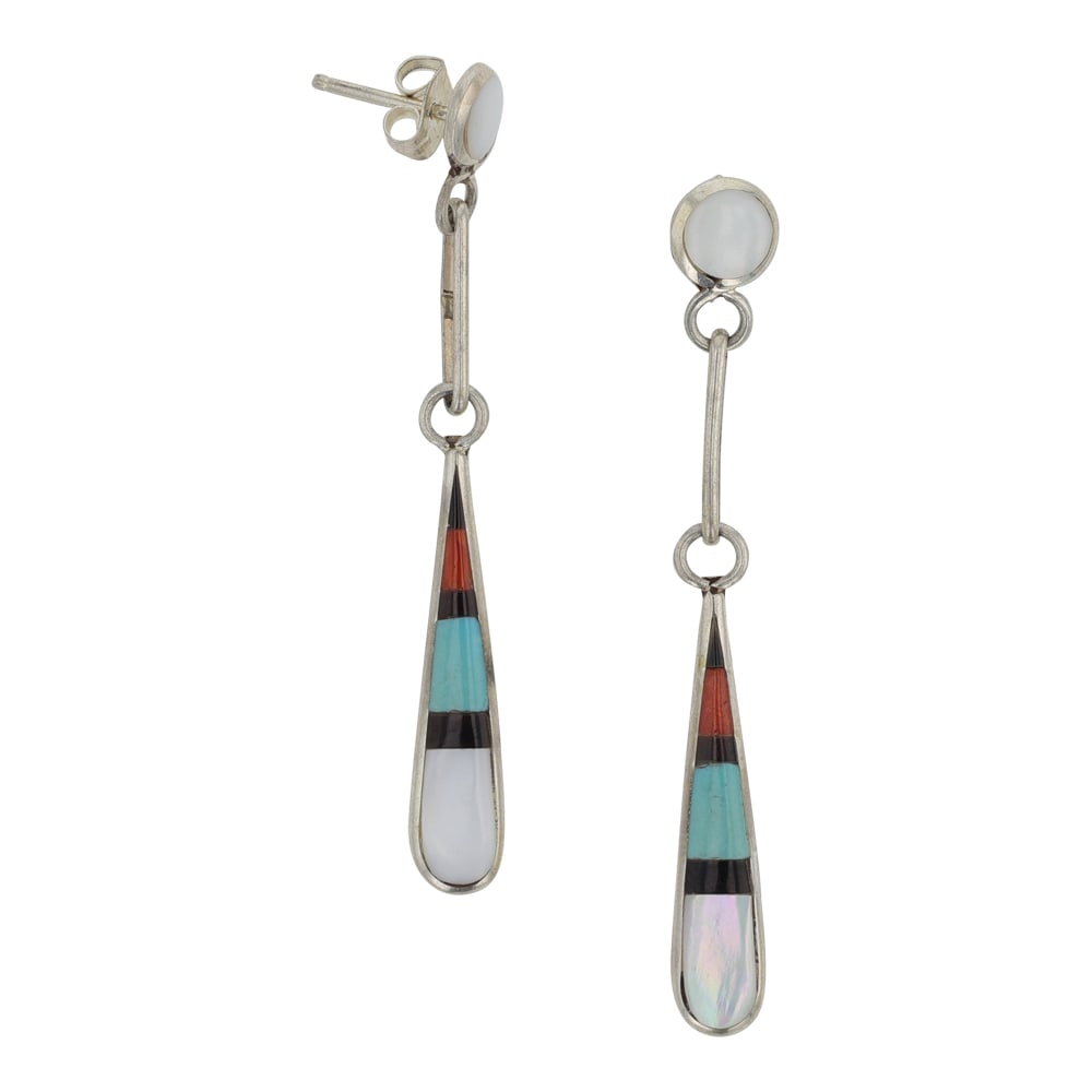 Zuni Turquoise Coral Acoma Jet & Mother of Pearl Inlay Earrings: Sterling Silver | Genuine Turquoise, Coral, Acoma Jet & Mother of Pearl | Zuni Turquoise Coral Acoma Jet & Mother of Pearl Inlay Earrings | Zuni Native American Southwest Indian Jewelry | Good (no bre