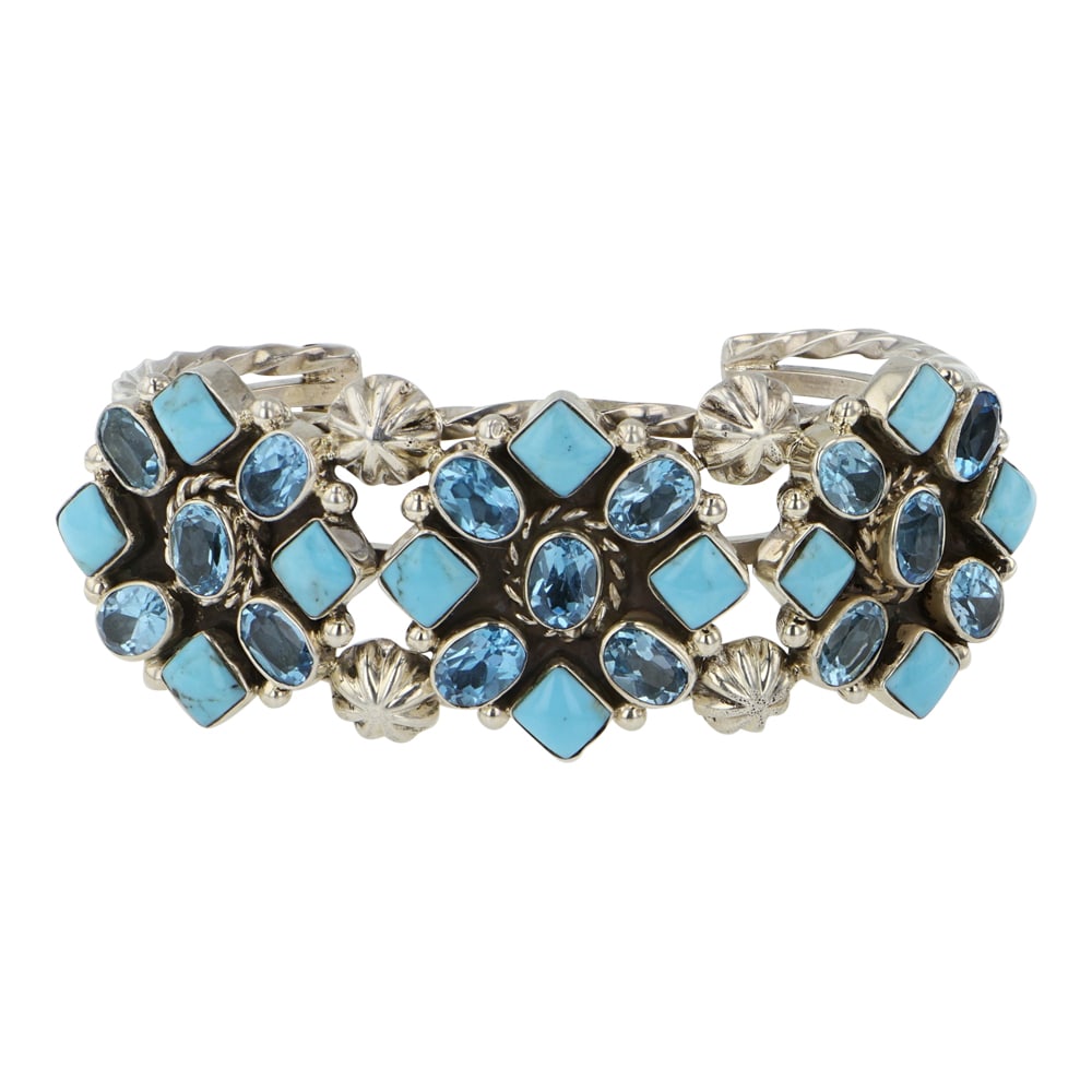 RB Navajo Turquoise & Topaz Cluster Bracelet: Sterling Silver | Genuine Turquoise & Topaz | RB Navajo Turquoise & Topaz Cluster Bracelet | Navajo Native American Southwest Indian Jewelry | Good (no breaks or damages) | Approximate Weight: 46 Gram