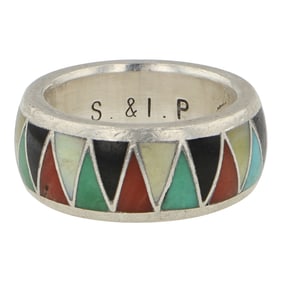 Zuni Turquoise Coral Acoma Jet & Shell Inlay Ring