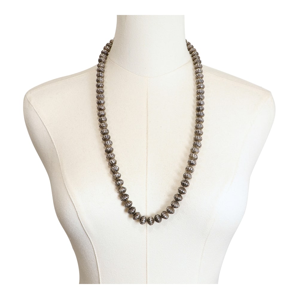Vintage Navajo 8mm Bench beads Necklace: Sterling Silver | | Vintage Navajo 8mm Bench beads Necklace | Navajo Native American Southwest Indian Jewelry | Good (no breaks or damages) | Approximate Weight: 51 Grams | Necklace: 30" length |