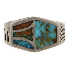 Navajo Turquoise & Coral Chip Inlay Ring