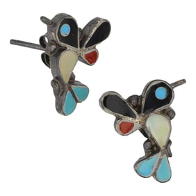 Zuni Turquoise Coral Mother of Pearl & Acoma Jet Inlay Hummingbird Earrings