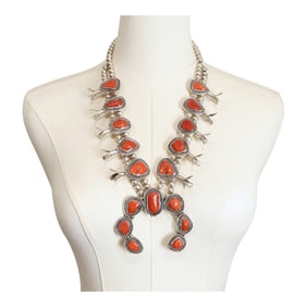 Vintage Navajo 1970's Mediterranean Coral Freeform Squash Blossom Necklace