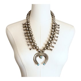 Early 20th Century Navajo Turquoise Squash Blossom Necklace