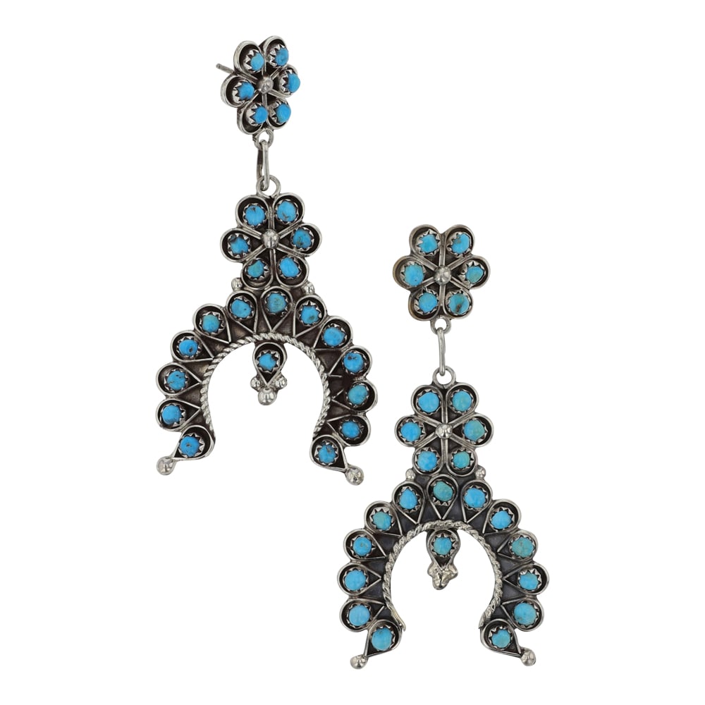 Zuni Sleeping Beauty Turquoise Naja Earrings: Sterling Silver | Genuine Sleeping Beauty Turquoise | Zuni Sleeping Beauty Turquoise Naja Earrings | Zuni Native American Southwest Indian Jewelry | Good (no breaks or damages) | Approximate Weight: 1