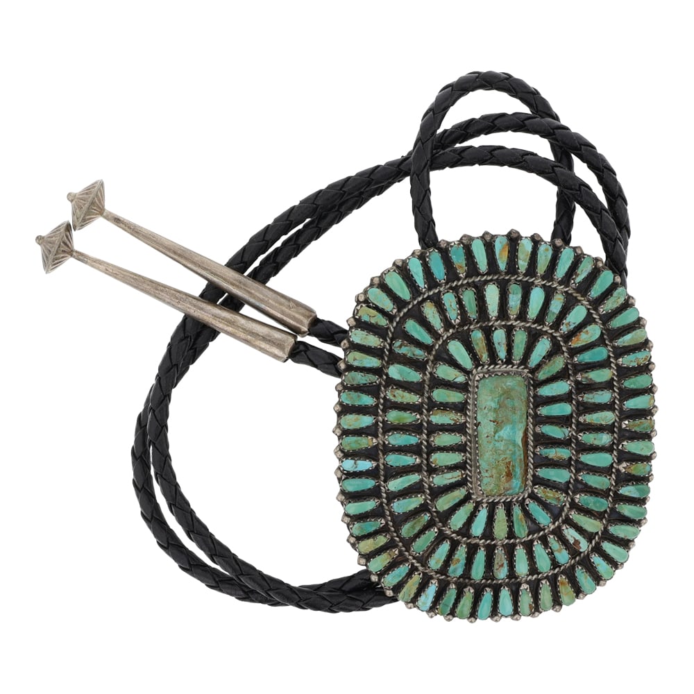 Navajo Nevada Turquoise Cluster Bolo Tie: Sterling Silver | Genuine Nevada Turquoise | Navajo Nevada Turquoise Cluster Bolo Tie | Navajo Native American Southwest Indian Jewelry | Good (no breaks or damages) | Approximate Weight: 56 Grams | B
