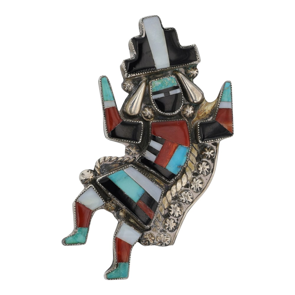 Vintage Zuni Turquoise Coral Acoma Jet & Mother of Pearl Inlay Pendant (1 of 2)