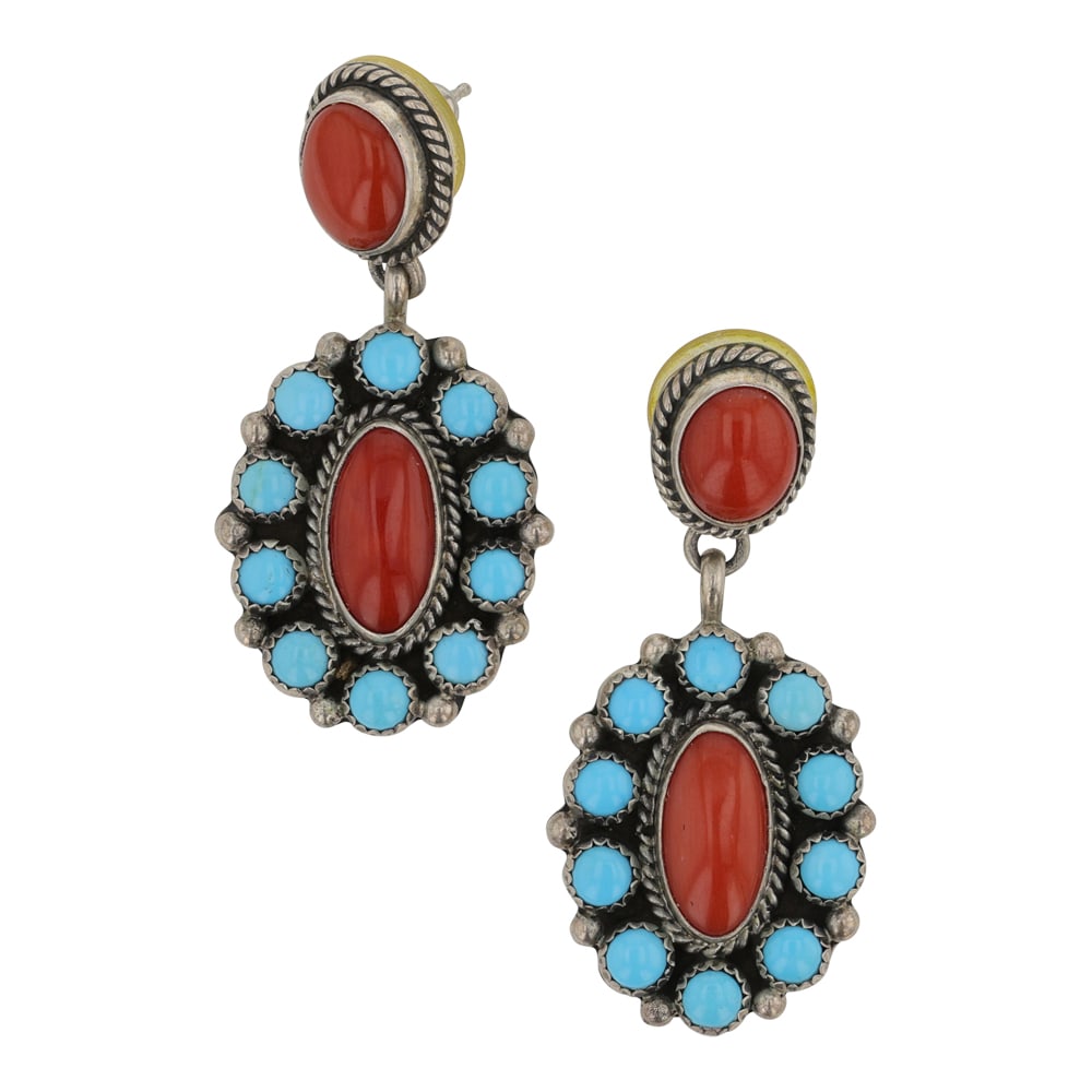 Navajo Mediterranean Coral & Sleeping Beauty Turquoise Cluster Earrings (1 of 2)