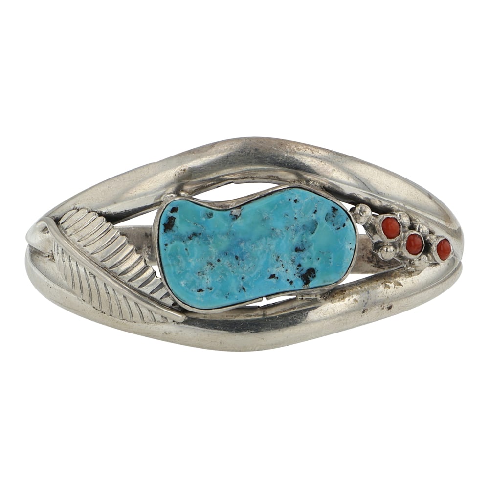 Navajo Kingman Turquoise & Coral Contemporary Bracelet (1 of 3)