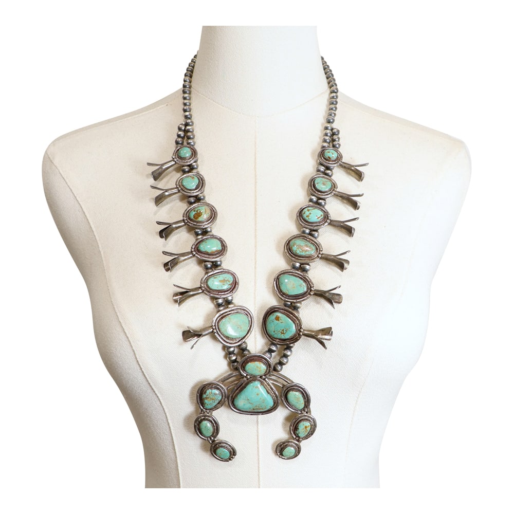 Vintage Navajo 1970's Nevada Turquoise Squash Blossom Necklace (1 of 4)