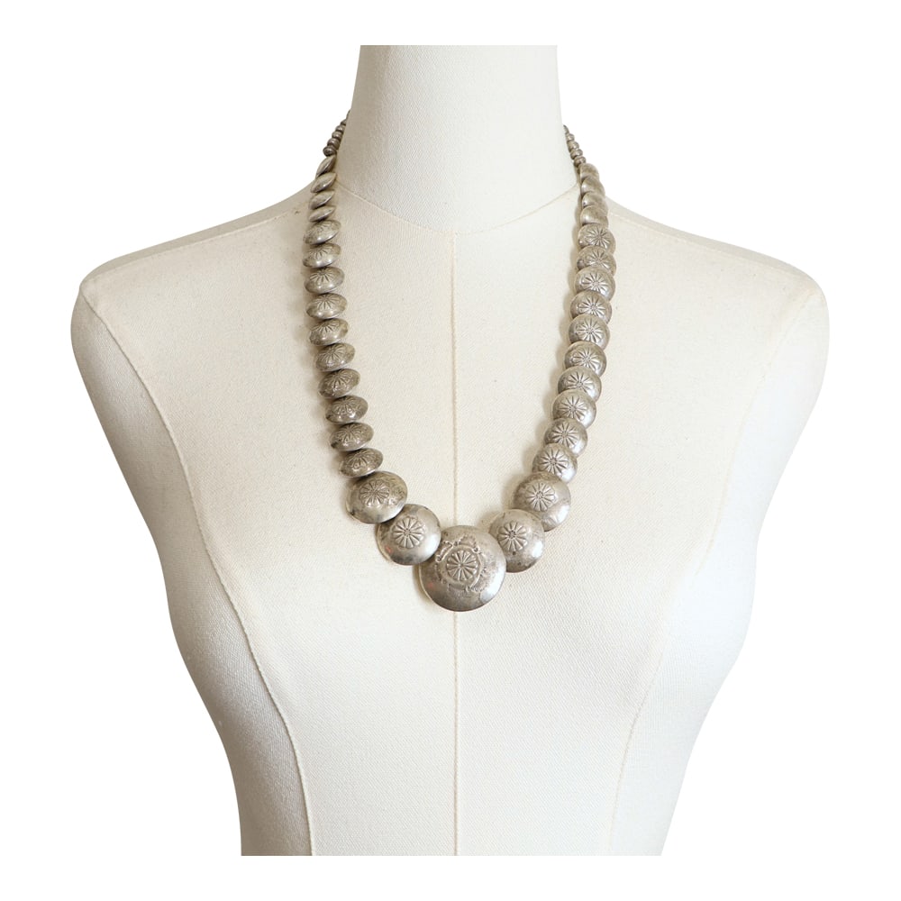 Vintage Navajo Stamp Work Pillow Beads Necklace: Sterling Silver | | Vintage Navajo Stamp Work Pillow Beads Necklace | Navajo Native American Southwest Indian Jewelry | Good (no breaks or damages) | Approximate Weight: 57 Grams | Necklace: 26" lengt