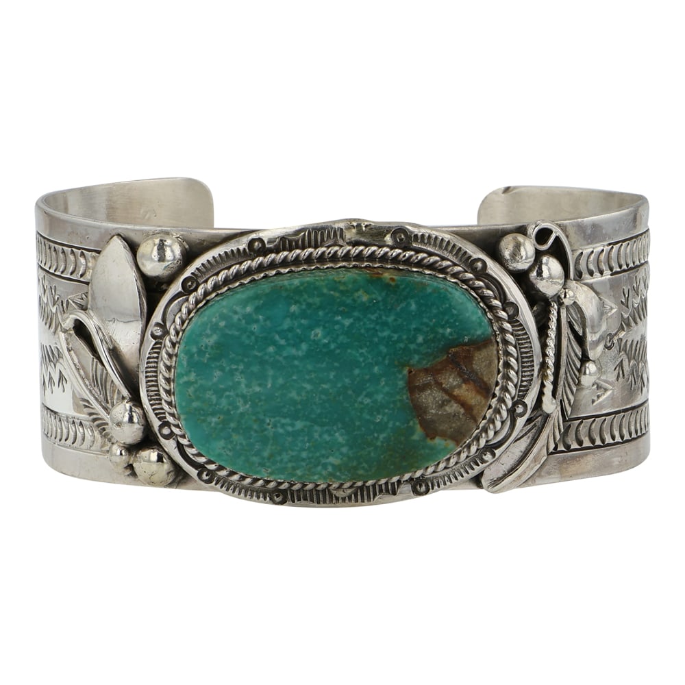 Joe Piaso Jr. Navajo Nevada Turquoise Cuff Bracelet: Sterling Silver | Genuine Nevada Turquoise | Joe Piaso Jr. Navajo Nevada Turquoise Cuff Bracelet | Navajo Native American Southwest Indian Jewelry | Good (no breaks or damages) | Approximate Weight: 7
