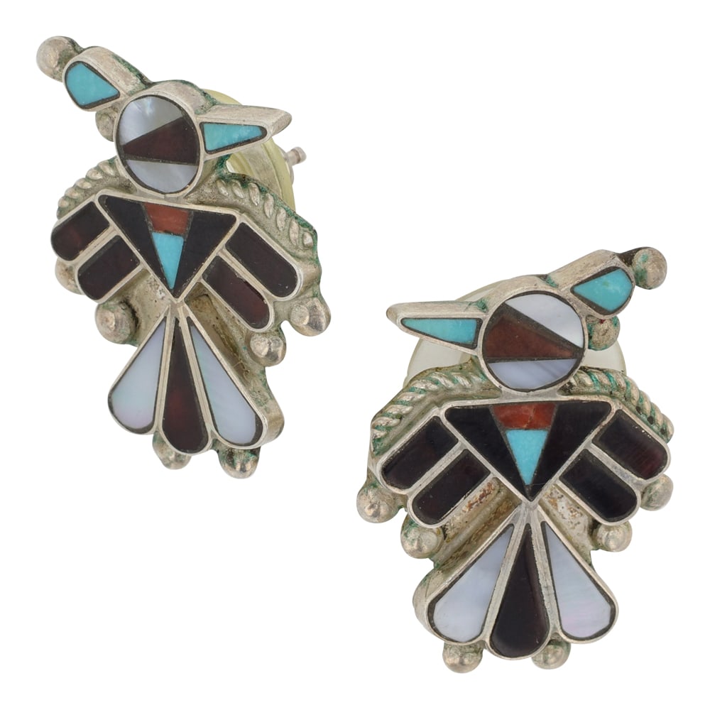 Zuni Turquoise Coral & Mother of Pearl Inlay Thunderbird Earrings (1 of 2)