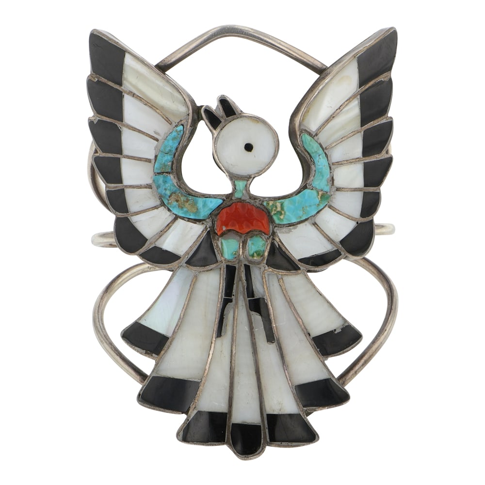 Vintage Zuni Turquoise Coral Mother of Pearl & Acoma jet Inlay Cuff Bracelet (1 of 3)