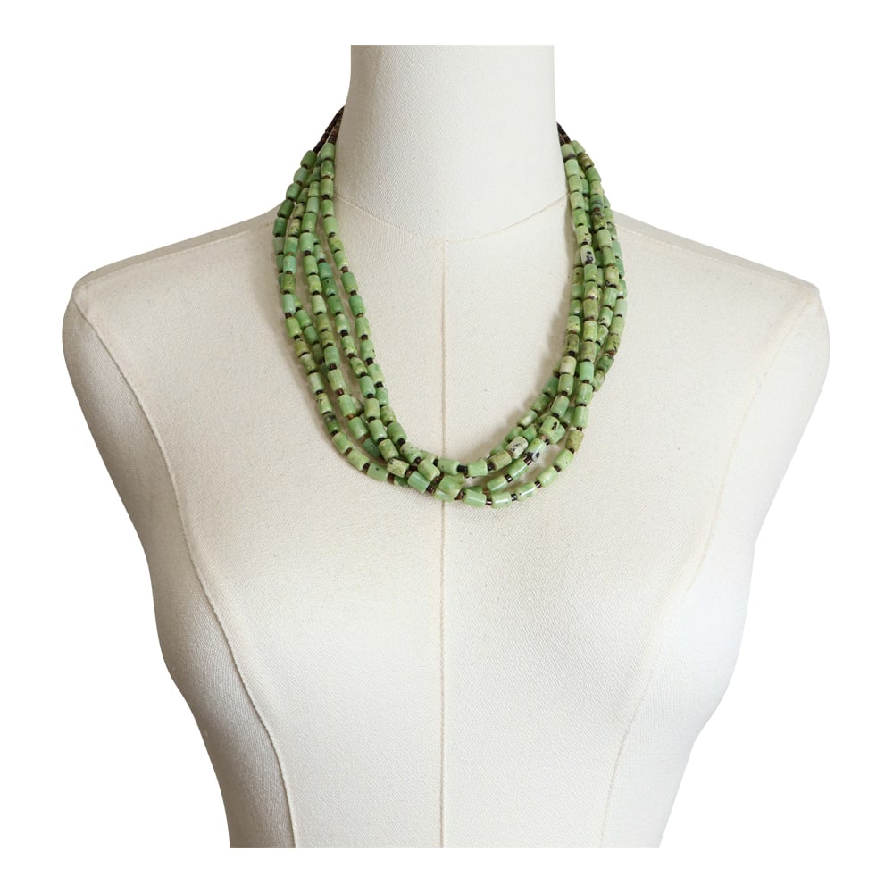 Navajo Shell Heishi & Chrysoprase Five Strand Necklace: Sterling Silver | Genuine Shell Heishi & Chrysoprase | Navajo Shell Heishi & Chrysoprase Five Strand Necklace | Navajo Native American Southwest Indian Jewelry | Good (no breaks or damages) | Approxim