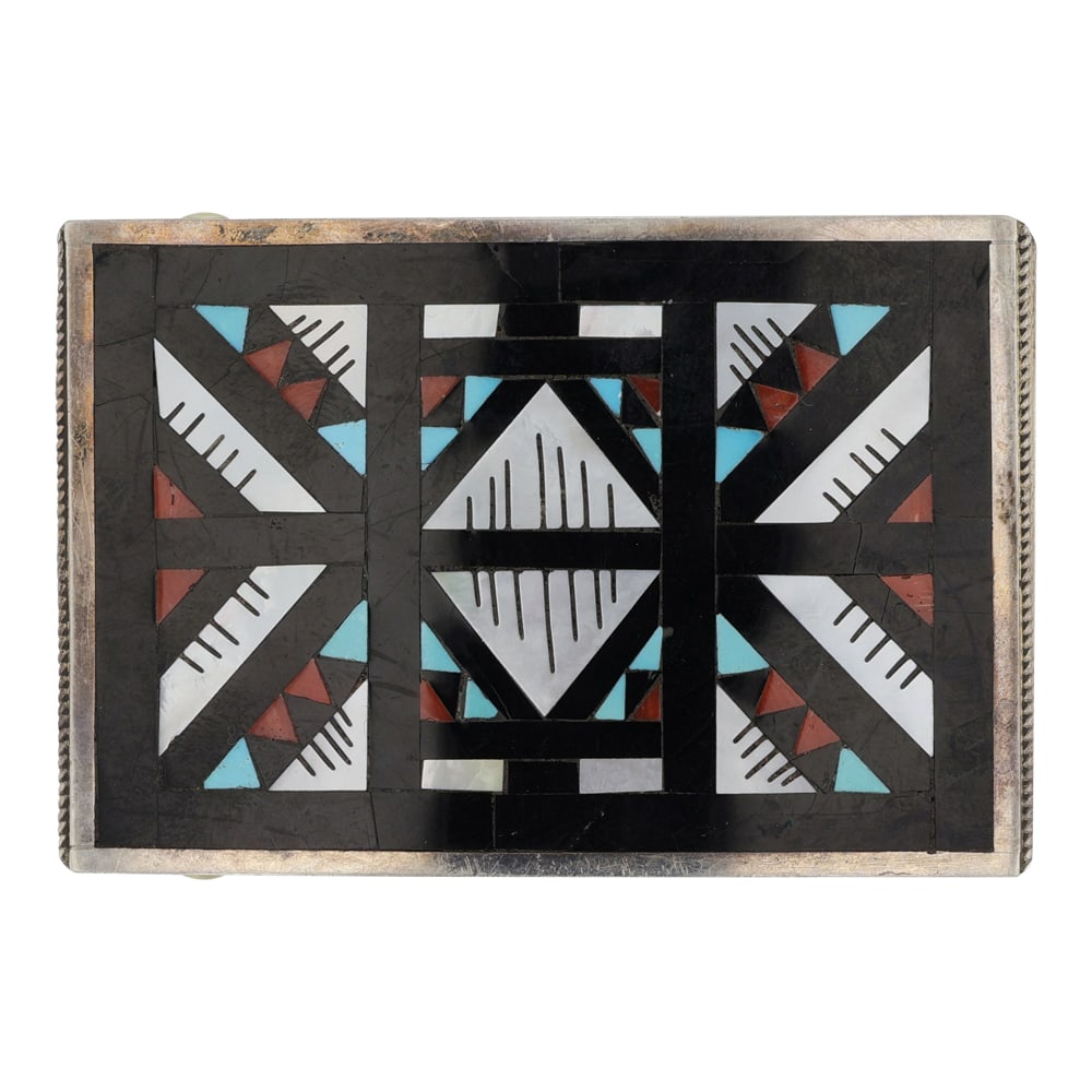 Lisa & Leander Othole Zuni Turquoise Coral Mother of Pearl & Acoma Jet inlay Belt Buckle (1 of 2)