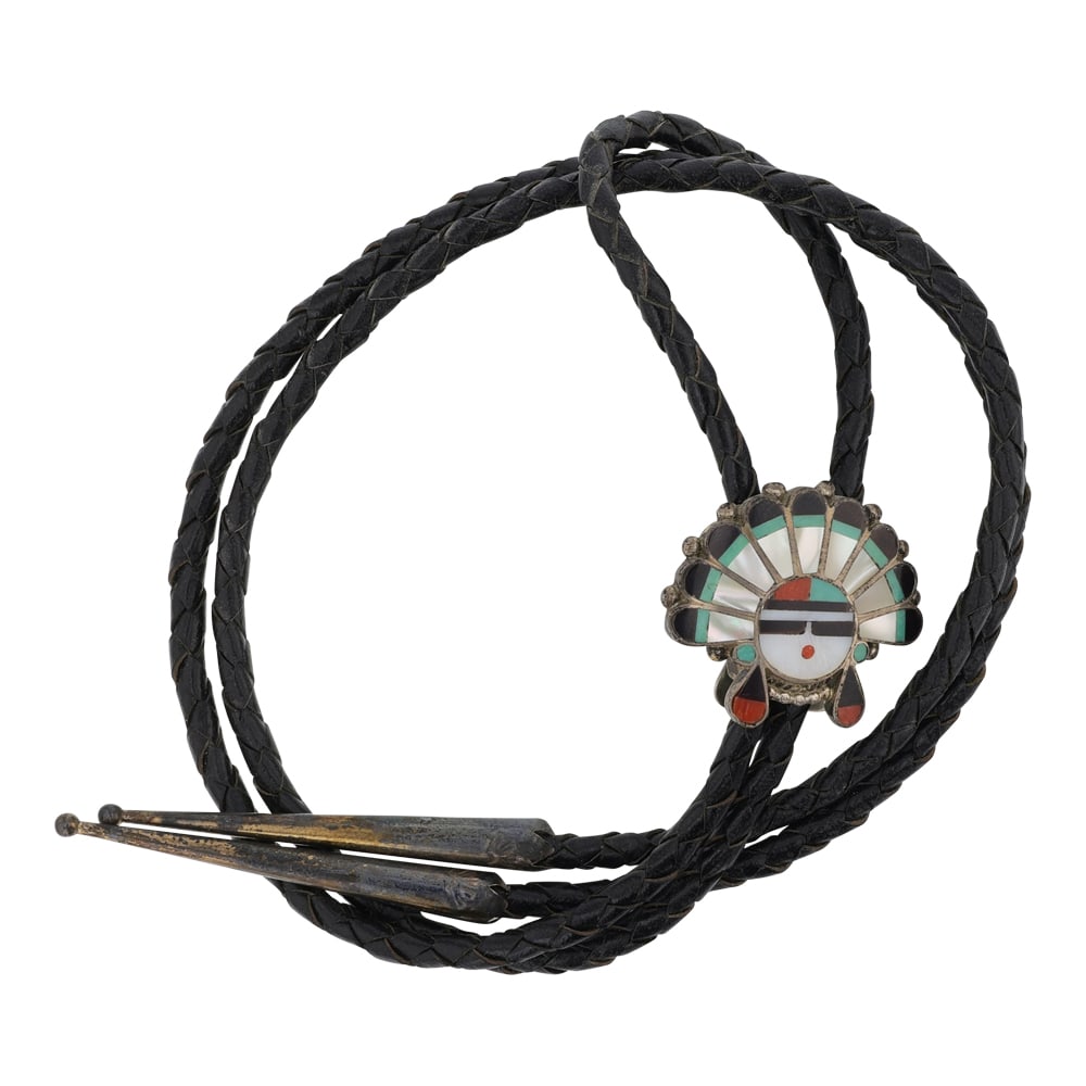 Vintage Zuni Turquoise Coral Mother of Pearl Inlay Bolo Tie (1 of 3)