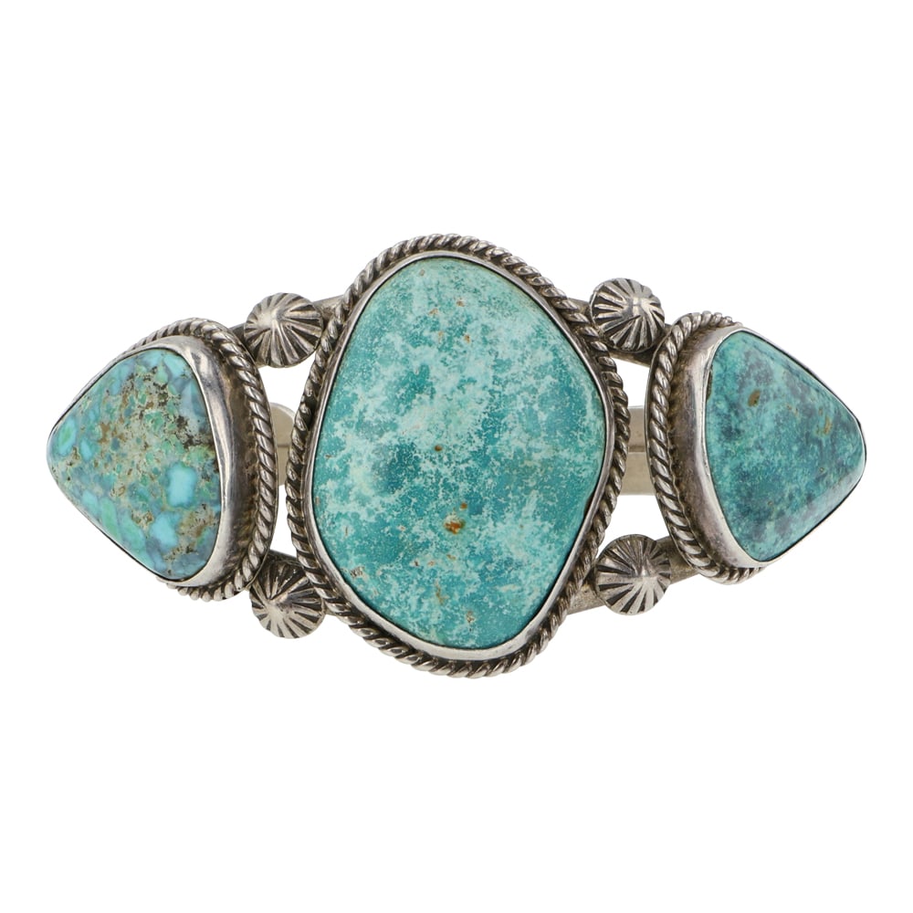 Navajo Fox Turquoise Three Stone Cuff Bracelet: Sterling Silver | Genuine Fox Turquoise | Navajo Fox Turquoise Three Stone Cuff Bracelet | Navajo Native American Southwest Indian Jewelry | Good (no breaks or damages) | Approximate Weight: 51 Grams