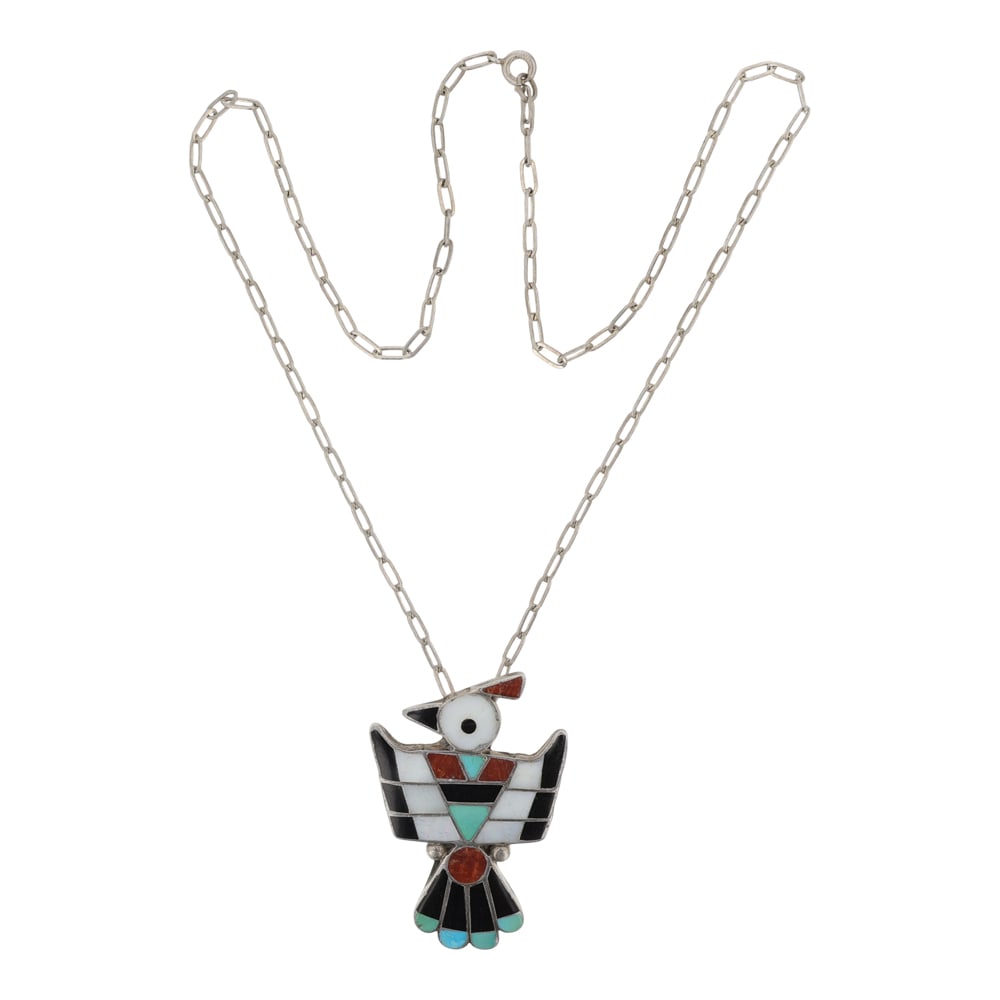 Vintage Zuni Turquoise Coral Mother of Pearl & Acoma Jet Inlay Thunderbird Necklace (1 of 3)