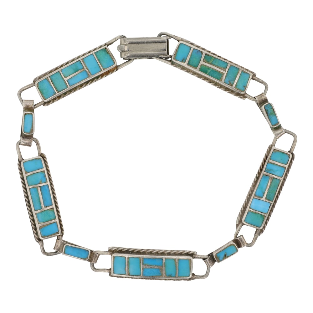 Vintage Navajo Kingman Turquoise Inlay Link Bracelet (1 of 2)
