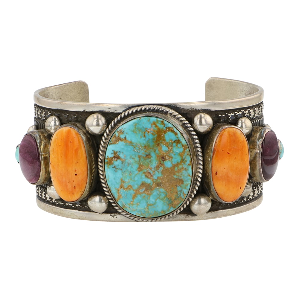 Guy Hoskie Navajo Talented Navajo Turquoise & Spiny Oyster Stamp Work Cuff Bracelet: Sterling Silver | Genuine Turquoise & Spiny Oyster | Guy Hoskie Navajo Talented Navajo Turquoise & Spiny Oyster Stamp Work Cuff Bracelet | Navajo Native American Southwest Indian Jewelry | Good (no br