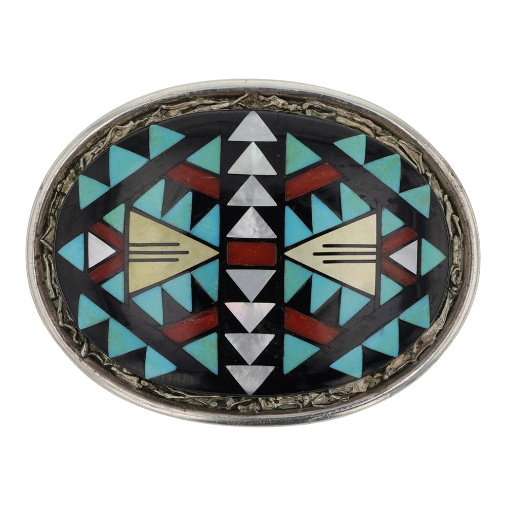 Donal & Viola Eriacho Zuni Vintage Turquoise Coral Acoma Jet & Mother of Peral Inlay Belt Buckle (1 of 2)