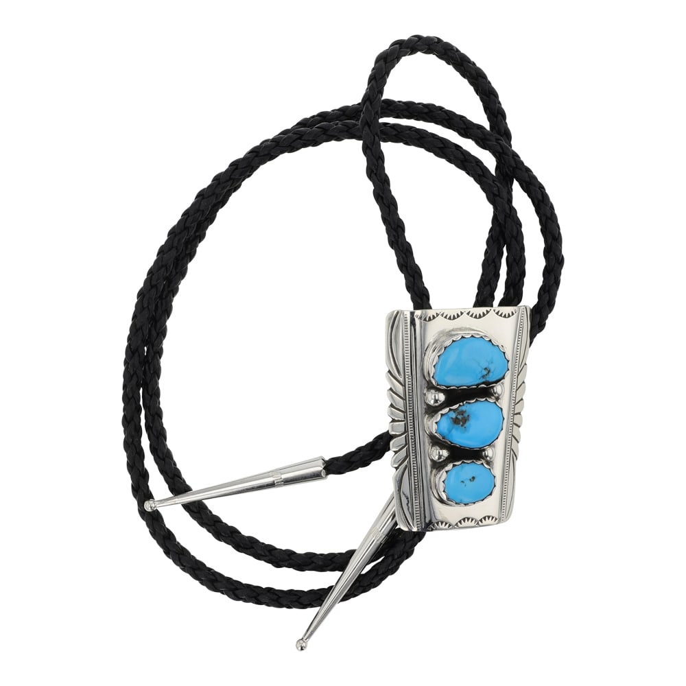 Navajo Kingman Turquoise Bolo Tie: Sterling Silver | Genuine Kingman Turquoise | Navajo Kingman Turquoise Bolo Tie | Navajo Native American Southwest Indian Jewelry | Good (no breaks or damages) | Approximate Weight: 36 Grams | Bolo: 1