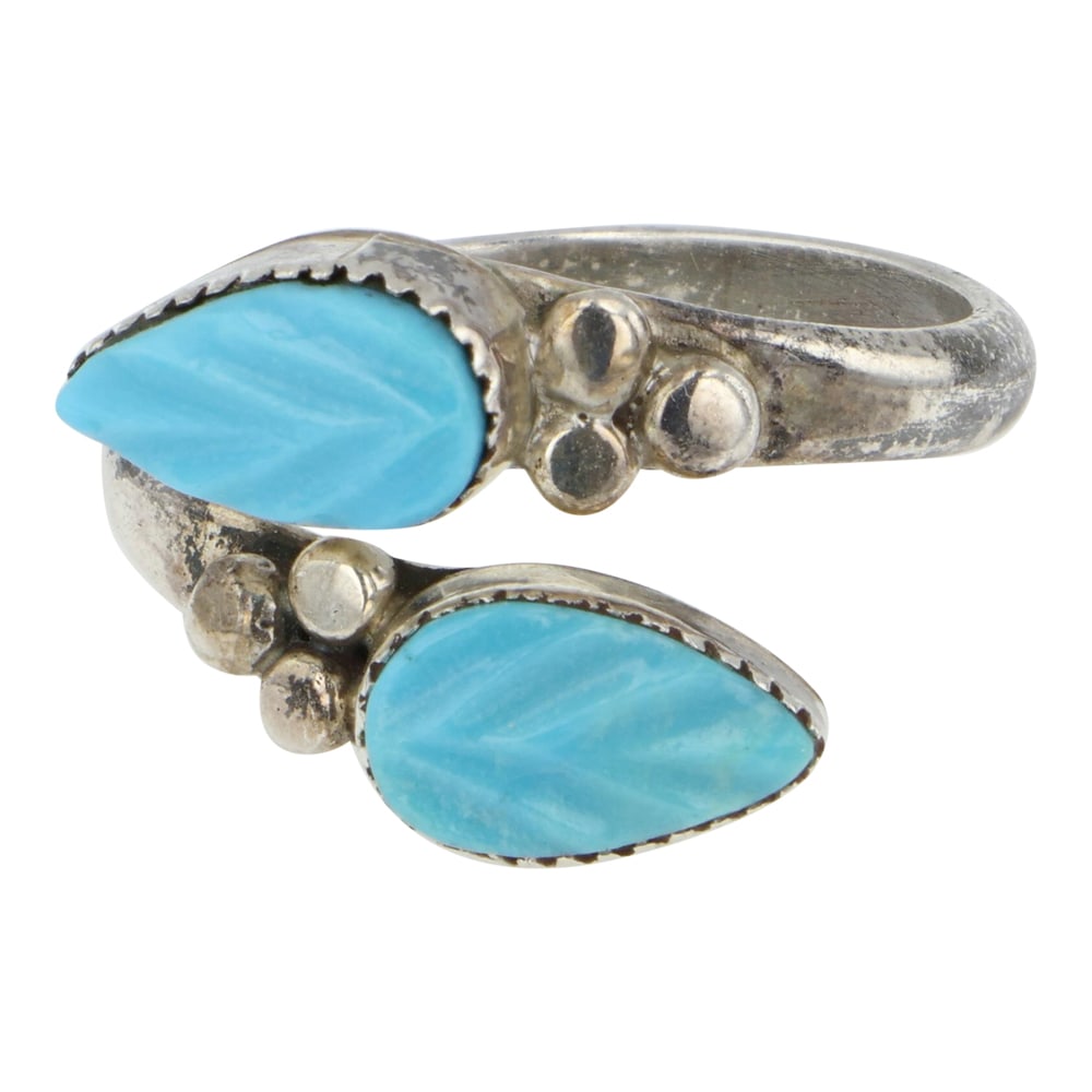 Zuni Sleeping Beauty Turquoise Carved Leaf Adjustable Ring (1 of 3)