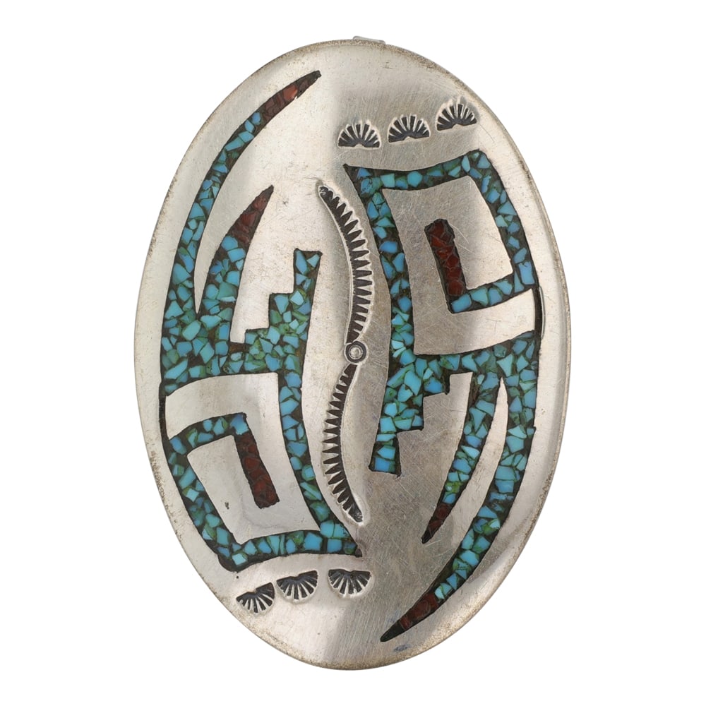 Vintage Navajo Turquoise & Coral Chip Inlay Pin / Pendant (1 of 2)