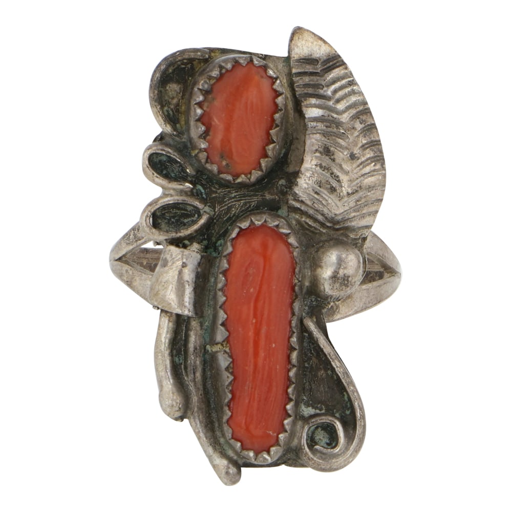 Vintage Navajo Mediterranean Coral Two Stone Ring (1 of 3)