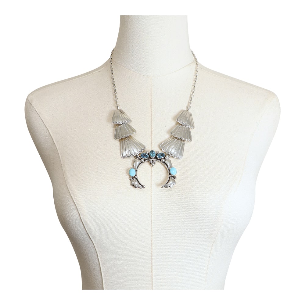 RB Navajo Turquoise & Blue Topaz Naja Necklace: Sterling Silver | Genuine Turquoise & Blue Topaz | RB Navajo Turquoise & Blue Topaz Naja Necklace | Navajo Native American Southwest Indian Jewelry | Good (no breaks or damages) | Approximate Weight: